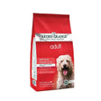 Red bag of arden grange dog adult chicken and rice 12kg with a fluffy light-colored dog on the front