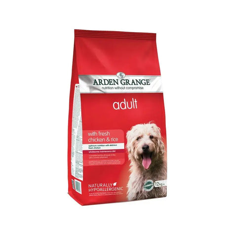 Red bag of arden grange dog adult chicken and rice 12kg with a fluffy light-colored dog on the front