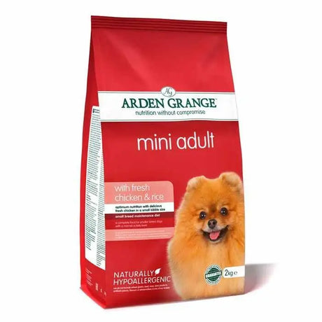 Red bag of arden grange dog mini breed chicken with amino acid hydrate featuring an orange pomeranian on front