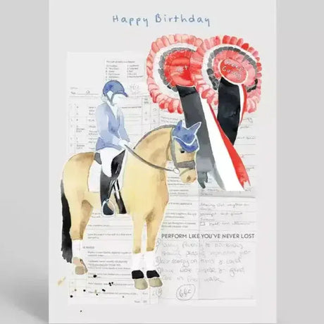 A watercolor arena card happy featuring a light brown original competition horse and rider with red and black ribbons