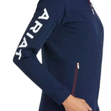 Navy blue ariat agile softshell jacket with white ariat branding on sleeve and side zipper detail