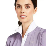 Lavender ariat aptos show shirt with white collar silver buttons moisture-wicking technology riding apparel
