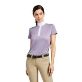 Lavender ariat aptos short sleeve riding shirt with white collar and moisture-wicking technology for riding apparel