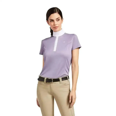 Lavender ariat aptos short sleeve riding shirt with white collar and moisture-wicking technology for riding apparel
