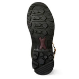 Black rubber sole with deep tread and maroon logo on hardwearing ariat burford waterproof rubber boot