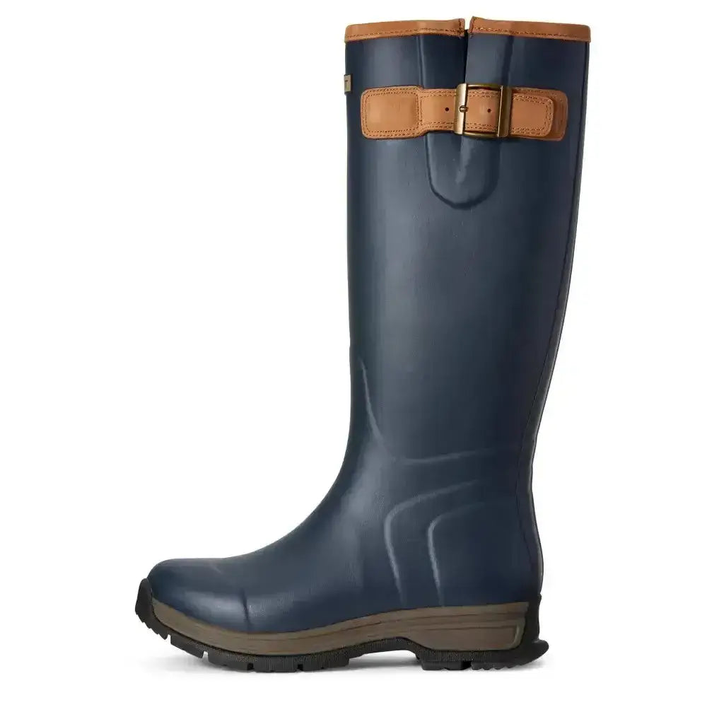 Navy blue hardwearing ariat burford waterproof rubber boot with tan leather strap and buckle for wet conditions