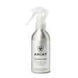 A sleek silver aluminum ariat footwear cleaner spray bottle with white trigger nozzle and biohazard symbol label