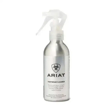 A sleek silver aluminum ariat footwear cleaner spray bottle with white trigger nozzle and biohazard symbol label