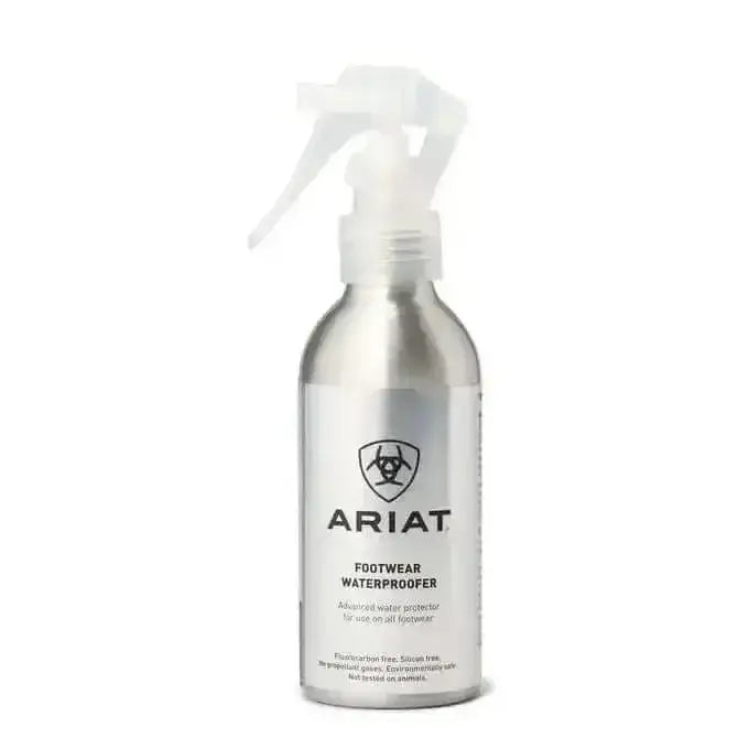 A sleek silver spray bottle with a white trigger labeled ariat footwear waterproofer advanced water protector for footwear water