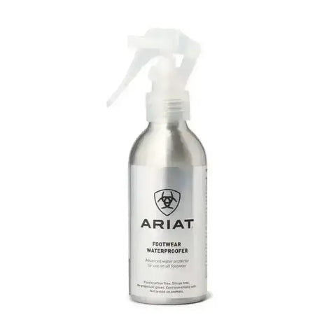 A sleek silver spray bottle with a white trigger labeled ariat footwear waterproofer advanced water protector for footwear water