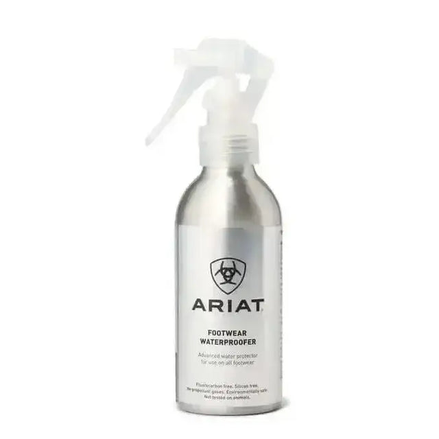 A sleek silver spray bottle with a white trigger labeled ariat footwear waterproofer advanced water protector for footwear water