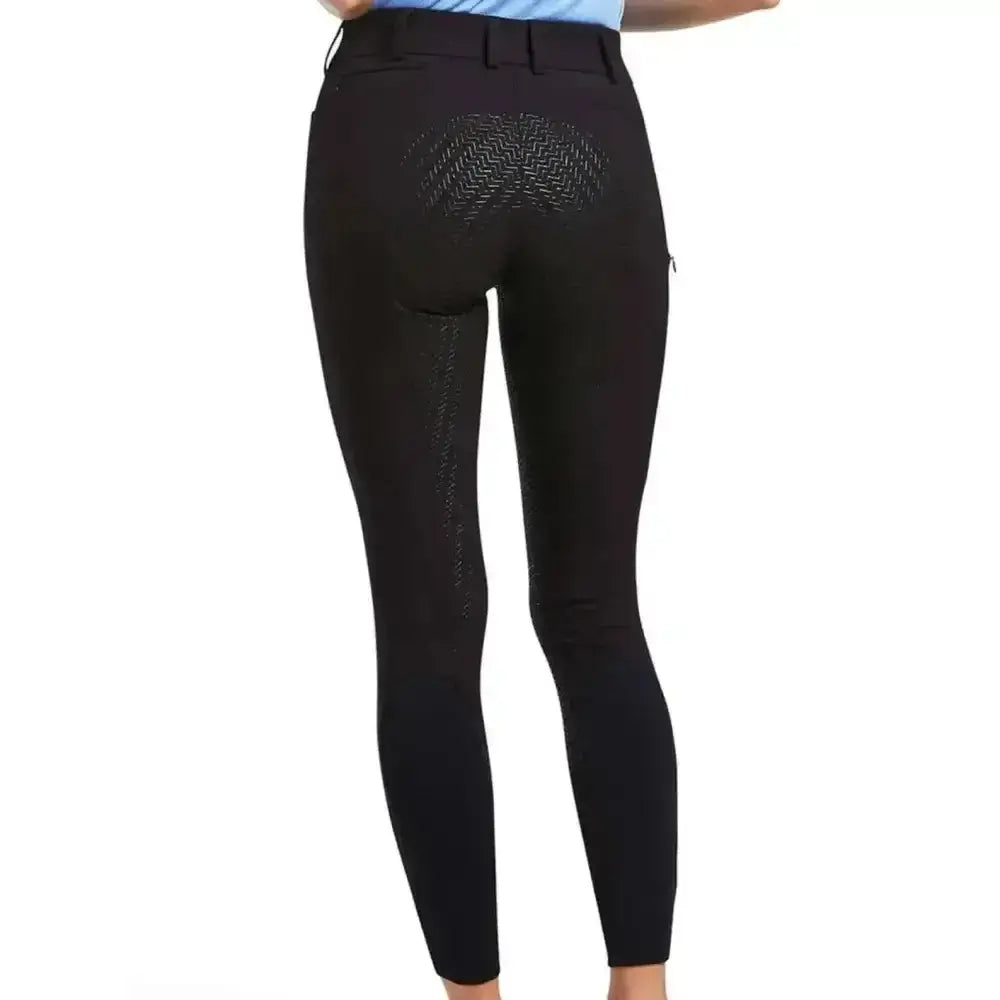 Black ariats prelude riding breeches back view with textured diamond panel and vertical stitching in double-weave twill fabric