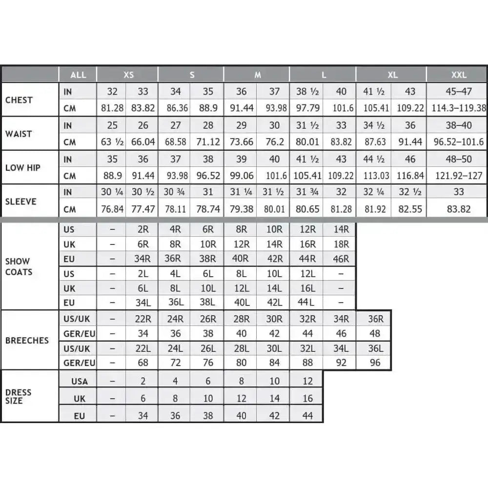 Detailed size chart for Ariat full seat prelude riding breeches with four-way performance stretch and double-weave twill fabric