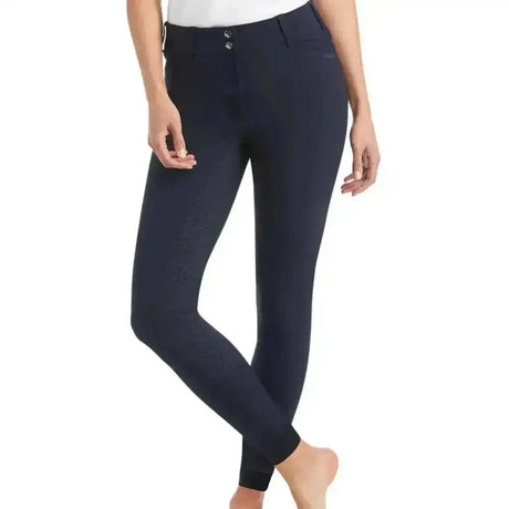 Navy blue ariat prelude riding breeches with four-way performance stretch and double-weave twill fabric and button waist closure