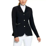 Black ariat galatea ladies equestrian jacket with silver buttons zipper and stretch double-knit construction details