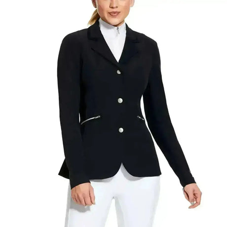 Black ariat galatea ladies equestrian jacket with silver buttons zipper and stretch double-knit construction details