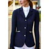 Navy blue ariat galatea ladies equestrian blazer with silver zipper pockets white buttons and stretch double-knit construction