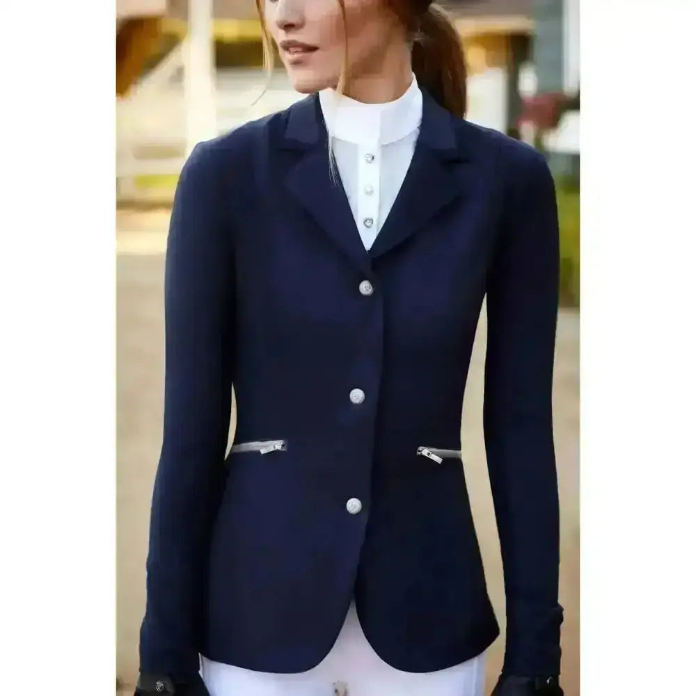 Navy blue ariat galatea ladies equestrian blazer with white buttons silver zipper pockets in stretch double-knit construction