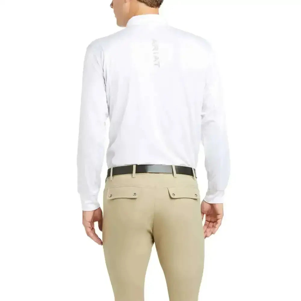 White ariat gents tek long sleeve shirt with subtle back panel design made from shirts resilient tech fabric