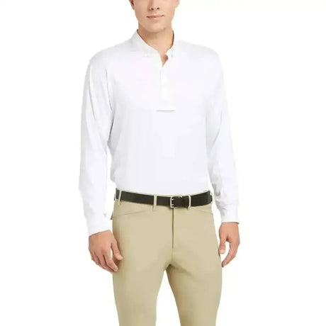 White ariat gents tek long sleeve polo shirt with stand-up collar and buttoned placket for resilient tech use