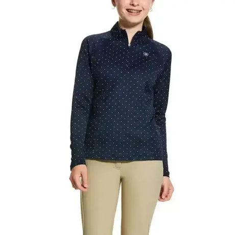 Navy blue long-sleeved ariat girls sunstoppers base layer polo with white polka dots and quarter-zip collar mesh panelling