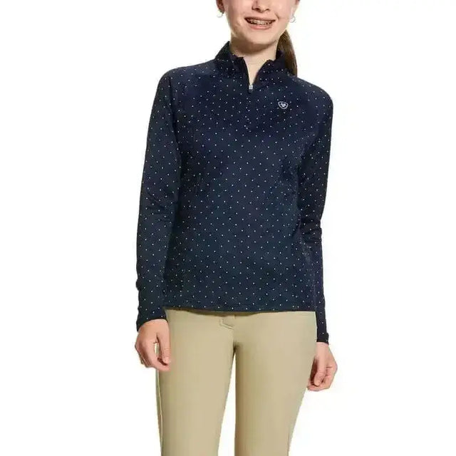 Navy blue long-sleeved ariat girls sunstoppers base layer polo with white polka dots and quarter-zip collar mesh panelling