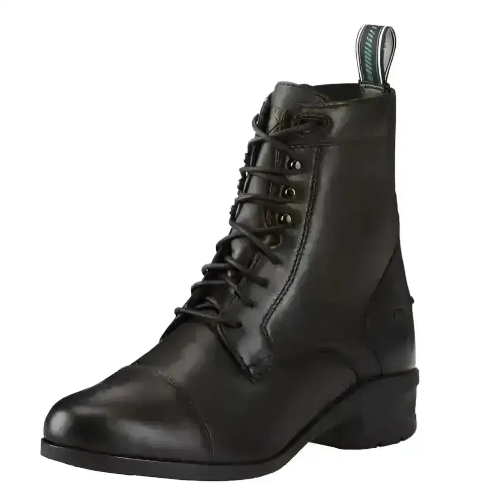 Black leather ariat jodhpur boots heritage iv lace paddock boots showing back side with laces and pull tab