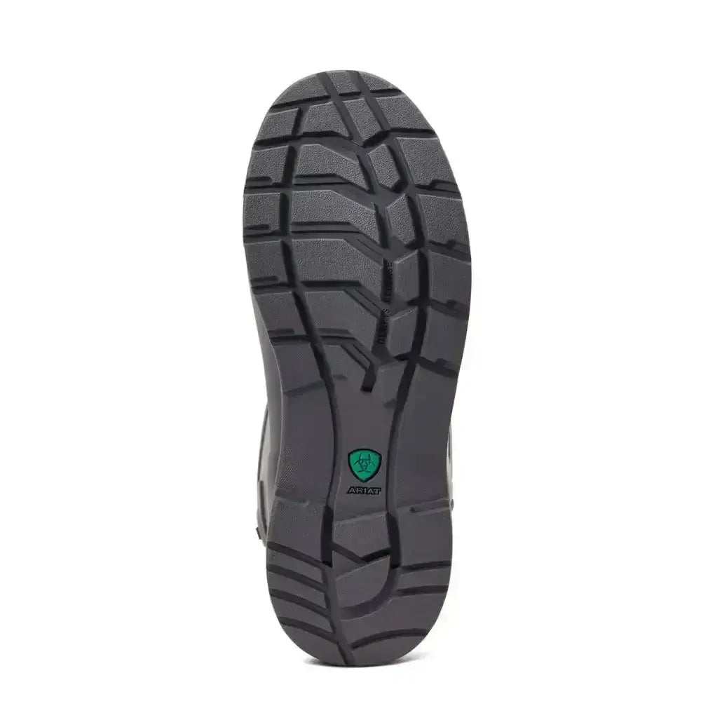 Back view of ariat kelmarsh rubber boot showing black sole with deep tread and green ariat logo near the heel