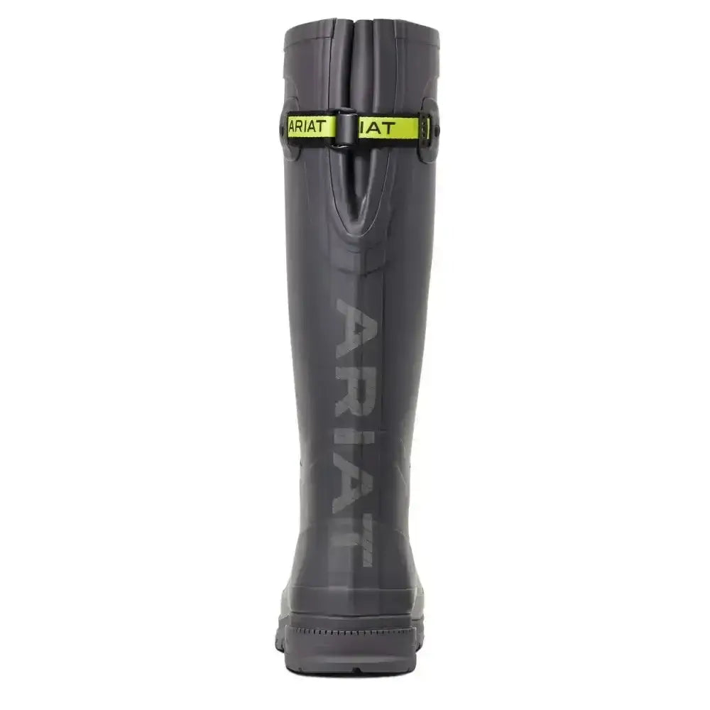 Dark gray ariath kelmarsh rubber boot with bright yellow strap and light gray logo, a smartly designed kelmarsh rubber wellington