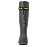 Dark gray ariath kelmarsh rubber boot with bright yellow strap and light gray logo, a smartly designed kelmarsh rubber wellington