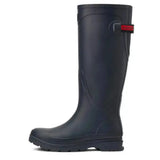 Dark navy ariat kelmarsh rubber wellington boot with red accent strap and black buckle, smartly designed ariat footwear