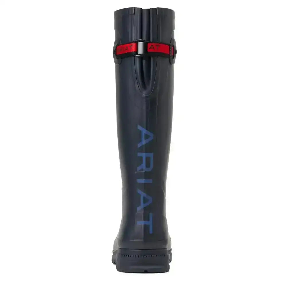 Dark navy ariat kelmarsh rubber boot with red silver buckle strap and light blue ariat branding on side