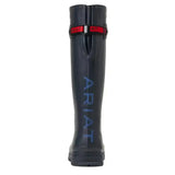 Dark navy ariat kelmarsh rubber boot with red silver buckle strap and light blue ariat branding on side