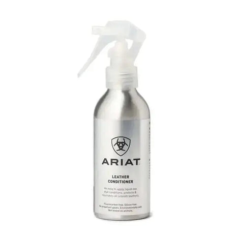 A sleek silver metallic ariat leather conditioner spray bottle with clear trigger for smooth leathers and horse tack care