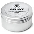 A silver cylindrical tin of ariat leather cream polish with matte finish and embossed branding that covers scuffs