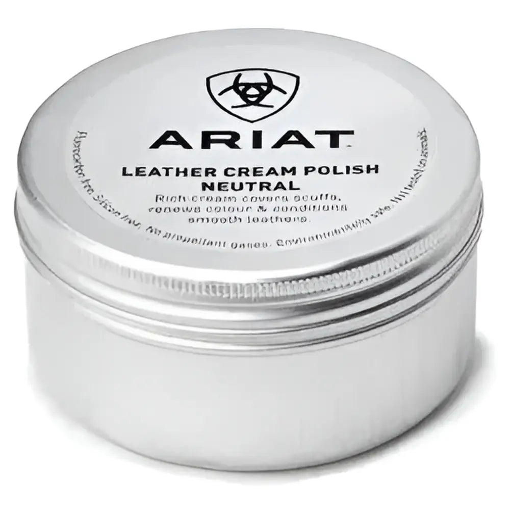 Silver cylindrical tin of ariat leather cream polish neutral cream polish covers scuffs and restores leather shine