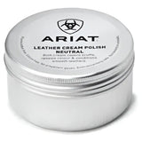 Silver cylindrical tin of ariat leather cream polish neutral cream polish covers scuffs and restores leather shine