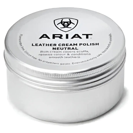 Silver cylindrical tin of ariat leather cream polish neutral cream polish covers scuffs and restores leather shine