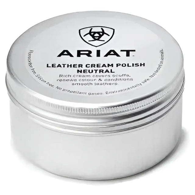 Silver cylindrical tin of ariat leather cream polish neutral cream polish covers scuffs and restores leather shine