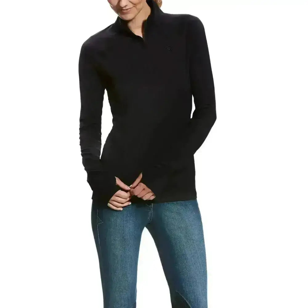 Black ariat lowell base layer 2.0 quarter zip sweater with smooth fitted knit texture and long sleeves