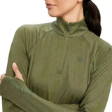 Olive green ariat lowell base layer 2.0 long sleeve quarter zip top with subtle chest logo for athletic wear
