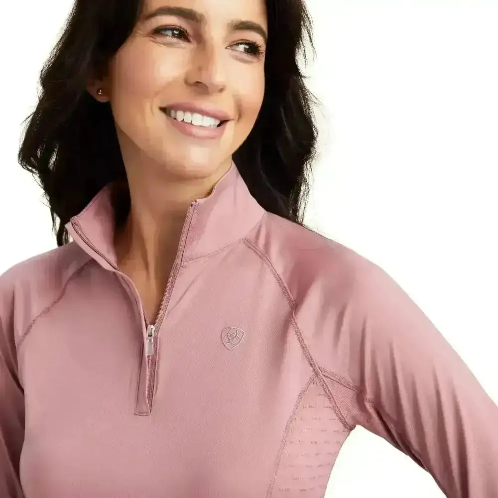 Ariat Lowell base soft pink long-sleeve athletic top with quarter zip and textured panels in updated Lowell base layer style
