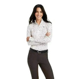 White long-sleeved ariat lowell base layer 2.0 with subtle black feather pattern and chest logo for riding use