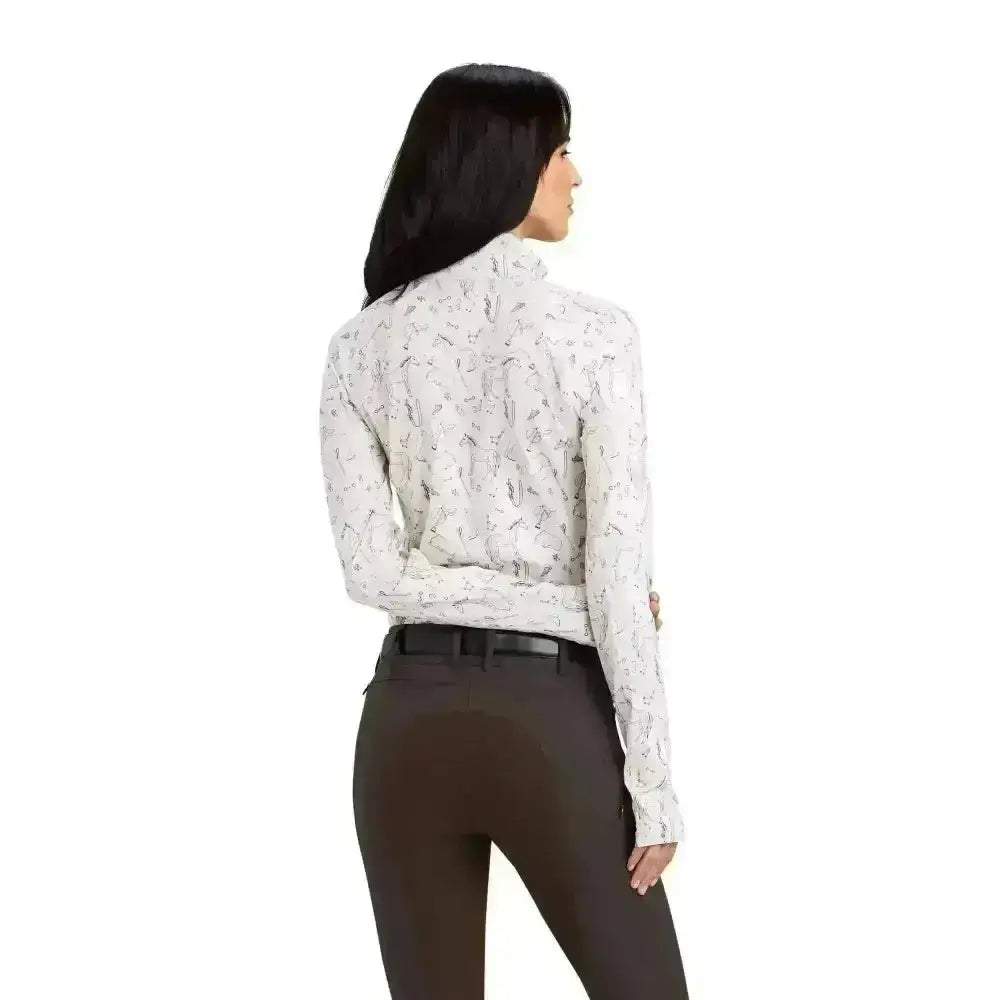 White long sleeve ariat lowell base layer 2.0 with subtle black gray pattern high collar fitted silhouette