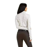 White long sleeve ariat lowell base layer 2.0 with subtle black gray pattern high collar fitted silhouette