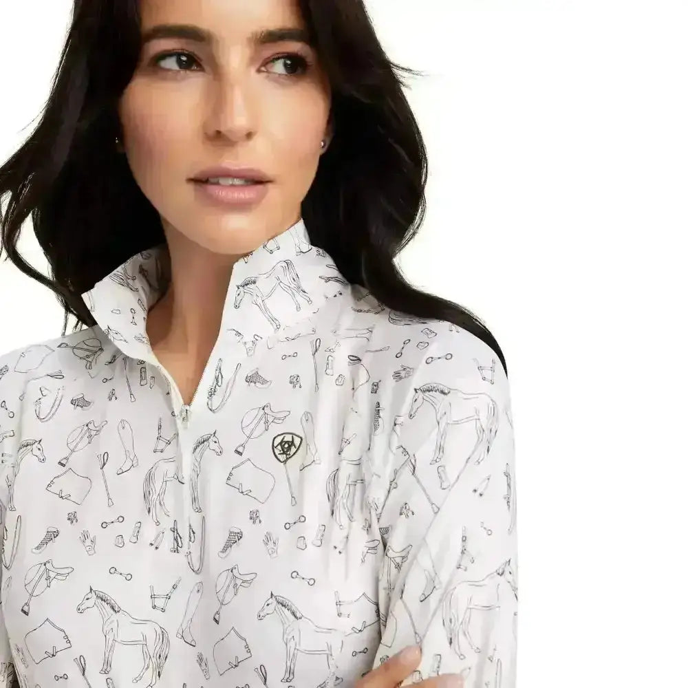 White ariat lowell base layer 2.0 zip jacket with black horse and equestrian line drawings for riders