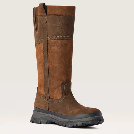 Brown suede ariat moresby tall waterproof boot with darker panels and rugged black sole perfect for country boots use