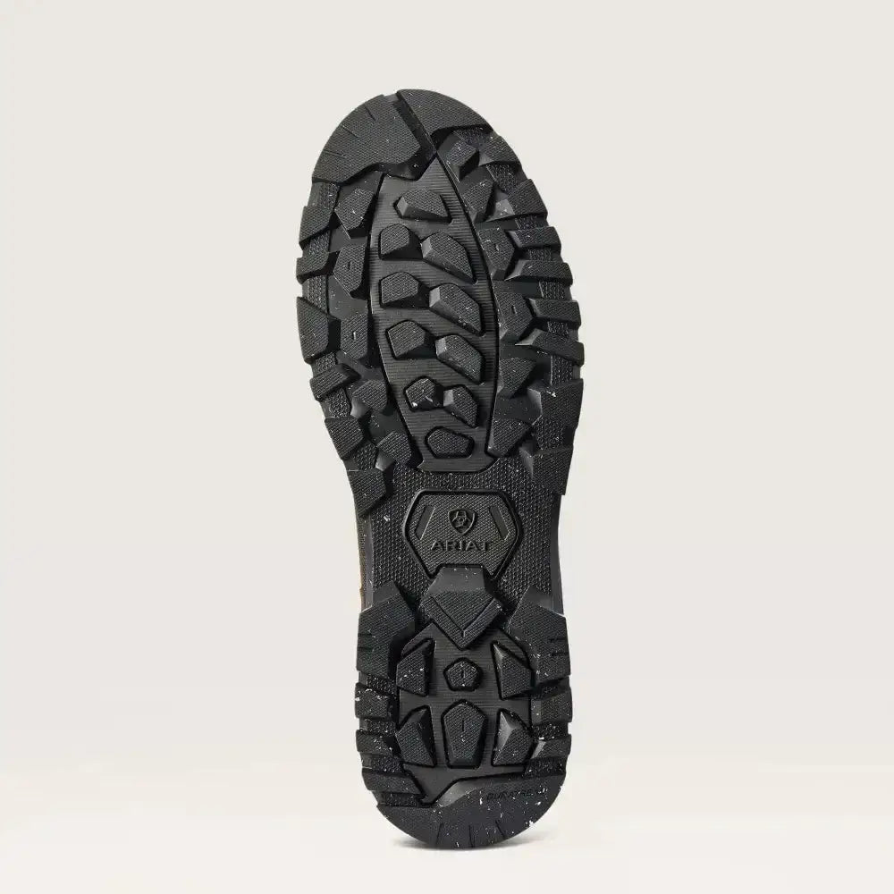 Black rubber sole with aggressive tread and ariat logo on ariat moresby tall waterproof country boots