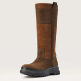 Ariata moresby tall brown suede country boot with black rubber sole and contrasting stitching, moresby tall waterproof