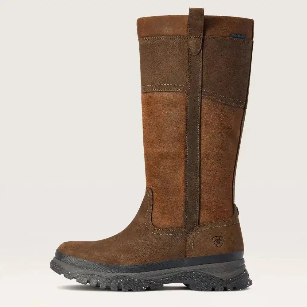 Brown suede and leather ariat moresby tall waterproof country boots with rugged black rubber sole for outdoor use